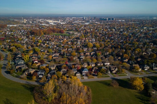 aerial view of community in Ajax, Ontario