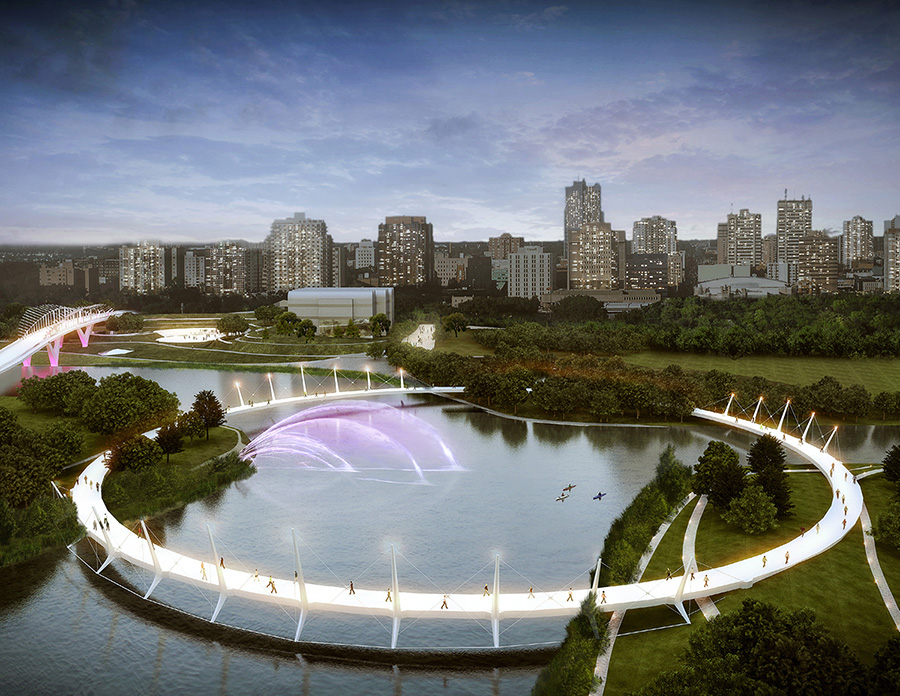 Rendering of the completed project on the Thames River in London, Ontario.