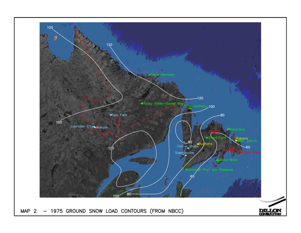 Map of 1975 Ground Snow Load Contours from NBCC