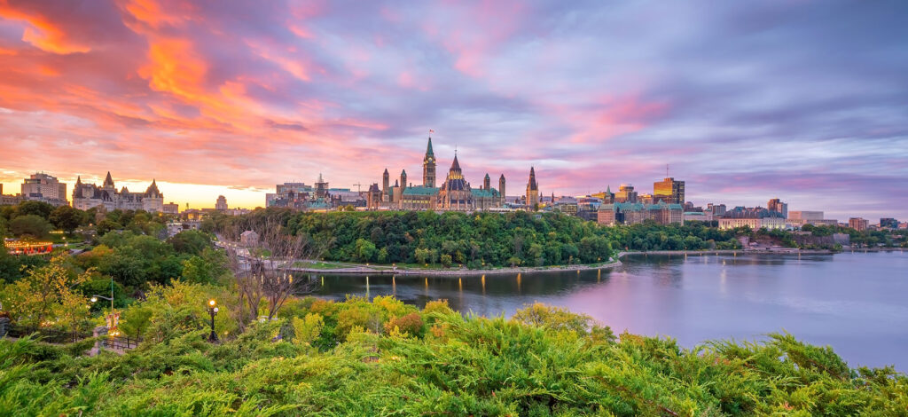 View of parliament hill, Ottawa, at sunset