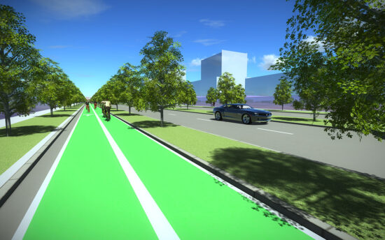 3D rendering of the corridor with dedicated bicycle lanes