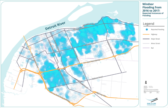 Reported instances of flooding in Windsor from 2016 to 2017 heat map