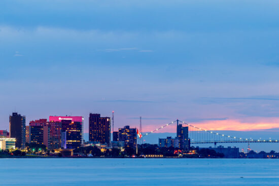 Windsor, ON skyline with water in the foreground