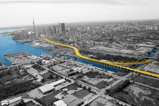 Gardiner Expressway Waterfront section highlighted on aerial photo