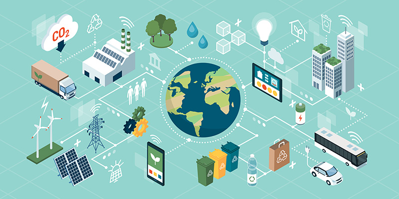 Illustration of earth surrounded by renewable energy and sustainability ideas