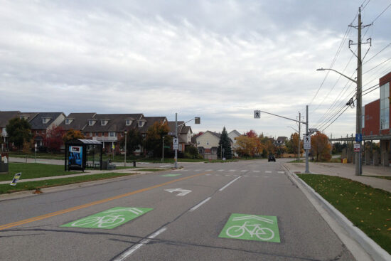 Marked cycling lanes on road in residential neighbourhood