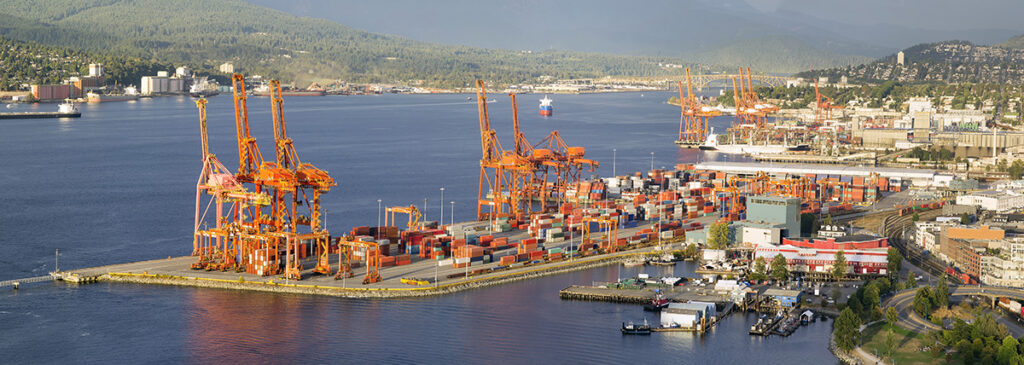 Cargo shipping container port with cranes
