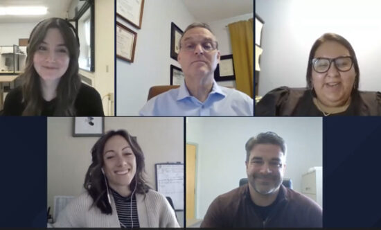 Screenshot of an online video call with five participants